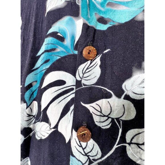 Vintage Hilo Hattie Hawaiian Black Teal Blue Floral Button-Up Shirt Mens Large - Picture 6 of 11